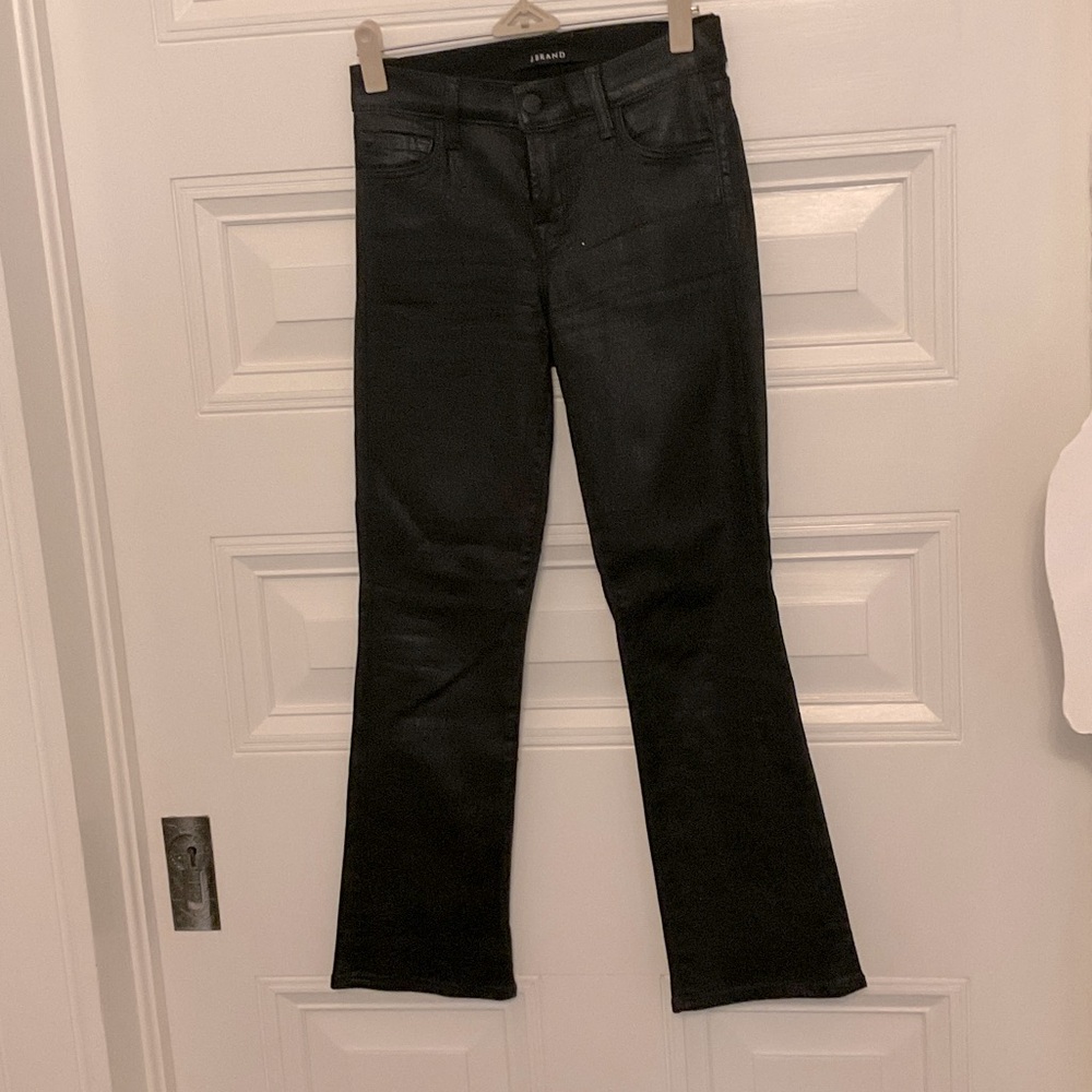 J Brand Black Flare Coated Selena Mid Rise Crop